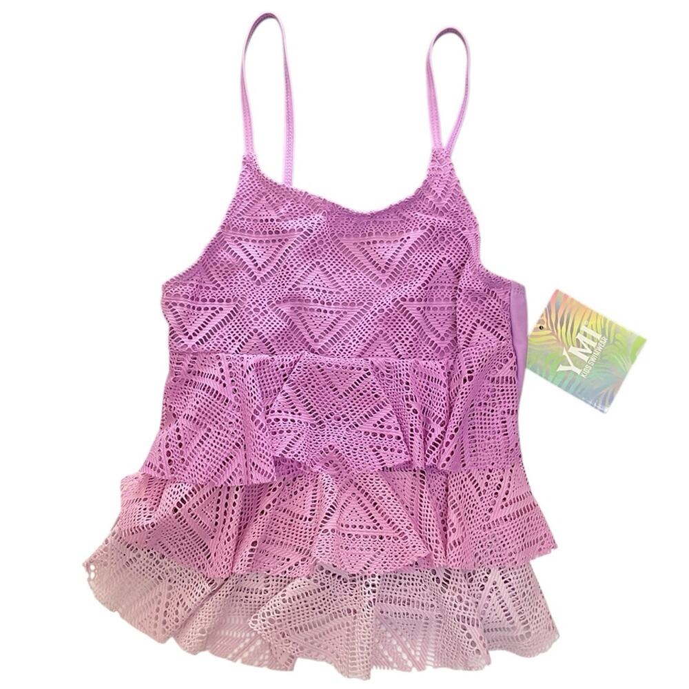 YMI Girl’s 3 Tiered Swimsuit Purple Crochet Tankini Bikini Size 7/8 NWT - Picture 4 of 7